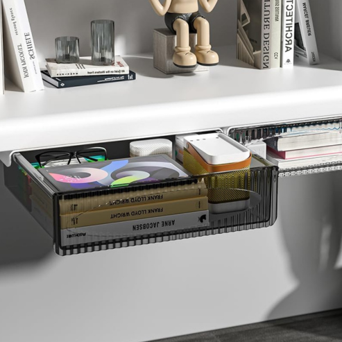 Boîte de rangement à tiroir auto-adhésive sous table – tiroir caché de grande capacité pour bureau, armoire ou organisation d’espace